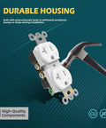 10 Pack Duplex Wall Receptacles 20A Tamper Resistant Outlets For Home Or Business Use on teal background with hammer