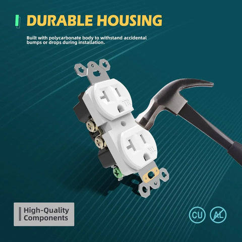 10 Pack Duplex Wall Receptacles 20A Tamper Resistant Outlets For Home Or Business Use on teal background with hammer