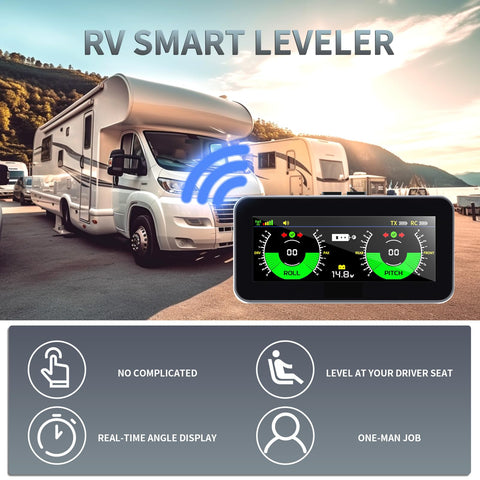 Wireless Rv Leveling System With Lcd Display For Travel Trailers Five Minute Install No App Or Phone Needed Super Easy Wall Suction Mounts Solid Plug Play Rig For Smooth Camper Adventures, showcasing LCD display and RV.
