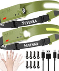 Rechargeable Headlamp With 1000 Lumen Output And 230 Degree Wide Beam Plus Spot Light Sensor Mode Ultra Bright Dope Headlamp With Clip For Hard Hats Camping Running And Night Work, showing two green headlamps, clips, and USB cables.