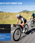 Cyclists on road with inset of Six Pack Replacement Road Bike Inner Tubes, 28 Inch 700x20-25C, 80mm Brass Presta Valves