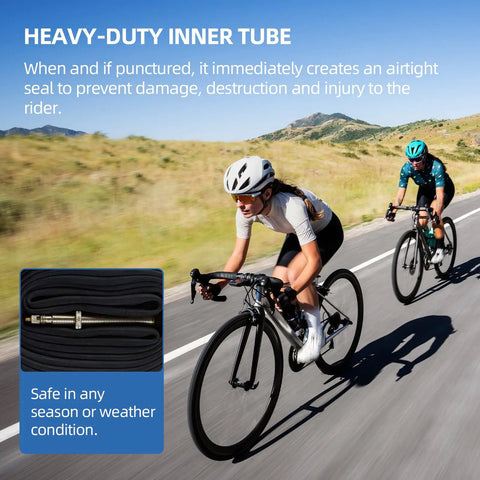 Cyclists on road with inset of Six Pack Replacement Road Bike Inner Tubes, 28 Inch 700x20-25C, 80mm Brass Presta Valves