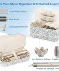 Open Travel Hair Tools Case for Styling Systems, with Flex Style and Dyson Airwrap attachments, spacious carryall, floral design.