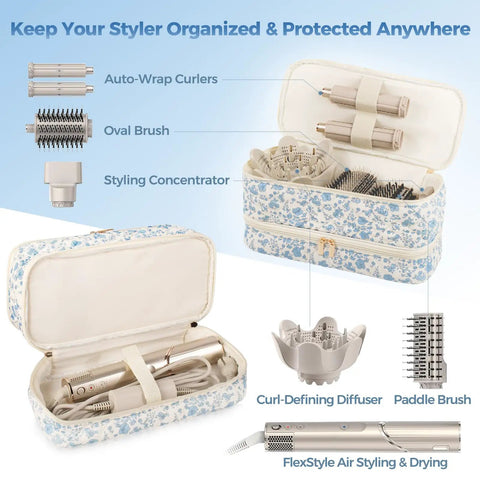 Open Travel Hair Tools Case for Styling Systems, with Flex Style and Dyson Airwrap attachments, spacious carryall, floral design.