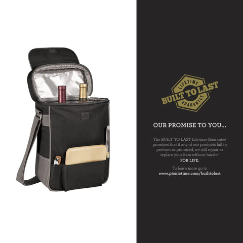 Ultimate Date Night Duo Grab And Go Wine Tote With Cheese Board Two Bottle Insulated Cooler Bag Set With Corkscrew Knife Adjustable Strap For Couples Kickback Essentials In Black, open with bottles inside.