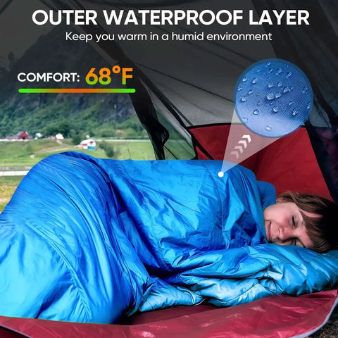Person in tent using the Portable Waterproof Sleeping Bag For Adults And Kids, 4 Seasons Cold Weather Or Warm, Blue.