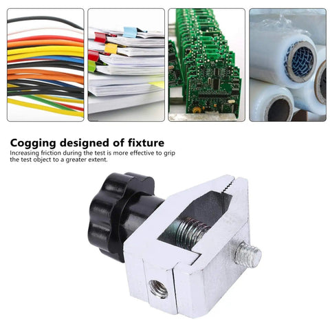 Push Pull Force Fixture With Edge Clamp And Stainless Steel Jaw Gauge Clamp Built Tough For Rubber Cable Paper Film And Electronic Component Testing Up To 500N thrust, shown with cogged grip jaw