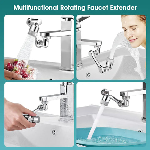 1080 Degree Swivel Faucet Extender Aerator With Universal Splash Filter in kitchen and bath use, dual water outlet modes shown.