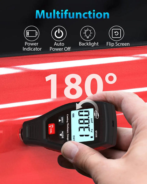 Digital Paint Coating Thickness Meter 0 To 1800 Micrometers With LCD Backlit Rotating Screen Pro Grade Auto Substrate Recognition Ferrous And Non Ferrous Gauge For Checking Car Original Coating And Paint Depth on red car panel