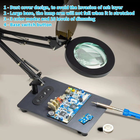 LED Magnifier Lamp With Stand And Dimmer Button 3 Color Modes Stepless Dimmable 10X Loupe for crafts and electronics work