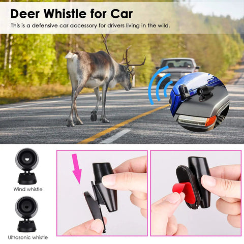 Deer crossing road with deer whistle for car, installation in progress, highlighting benefits of Pink Car Emergency Kit For Women And Teens.