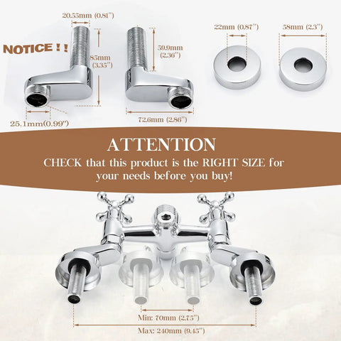Retro Vibe Clawfoot Tub Faucet And Shower Kit, Chrome Wall Mount With Hand Shower, G1 2 Inlet, Brass Double Cross Handles