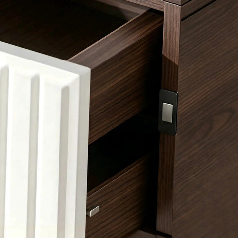 Ultra Thin Cabinet Door Catch 5 Pack With No More Loud Slams Silent Closure Self Adhesive Drawer Magnets in use on wooden cabinet