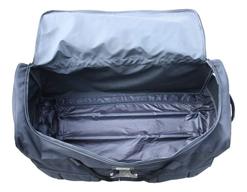 Black Gothamite 36-inch rolling duffle bag opened to reveal large main compartment and interior zip pocket