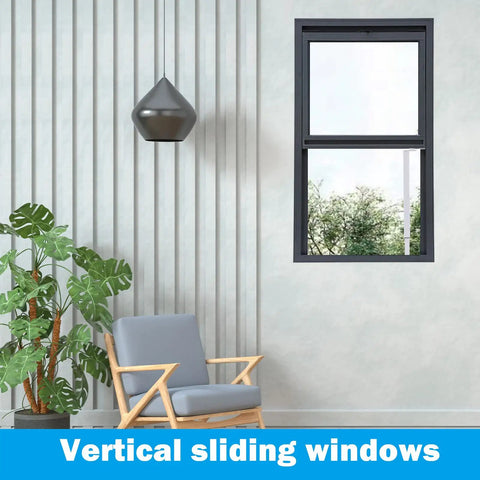 Vertical sliding window in modern room with chair and plant, suitable for Adjustable Window Security Bar For Home Safety And Kid Protection