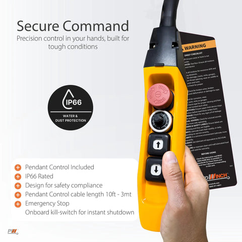Rock Solid 1000 Lb Electric Chain Hoist Variable Speed three phase motor pendant control with emergency stop in hand.