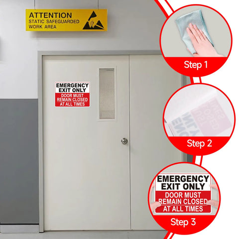 Emergency Exit Sticker Self Adhesive Red Sign That Grabs Attention, UV Weather Scratch Water Fade Resistant, Door Must Remain Closed At All Times, Perfect For Business Schools Offices Storage Rooms Hospitals on white door with application steps.