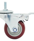 Swivel caster wheel with threaded stem, 3-inch red polyurethane wheel, metal housing, brake