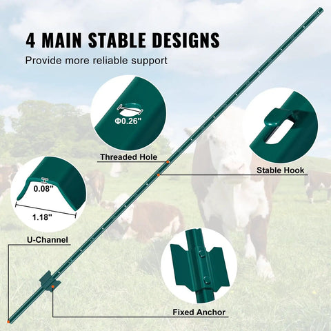 Beefy 7 Feet U Channel Fence Post Set 10 Pack With 50 Zip Ties And 20 Clips showing stable designs for outdoor wire fencing.