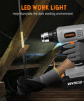 Man using Cordless Heat Gun Kit 20V Max With Lithium Battery in dark attic, LED work light illuminated, wearing gloves.