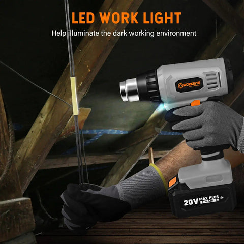 Man using Cordless Heat Gun Kit 20V Max With Lithium Battery in dark attic, LED work light illuminated, wearing gloves.