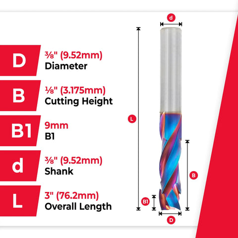 Dimensions of Spektra Extreme Tool Life Solid Carbide CNC Compression Spiral Router Bit, 3/8 in diameter with details