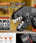 Close-up of Preciva circlip pliers with crimping range details, AWG 22-13 markings, suitable for spade connector crimping kit use.