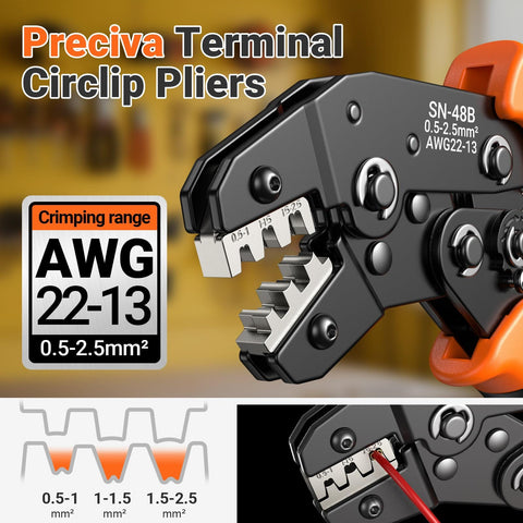 Close-up of Preciva circlip pliers with crimping range details, AWG 22-13 markings, suitable for spade connector crimping kit use.