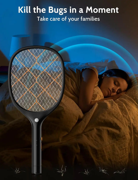 Electric Fly Swatter Zapper Racket 4000V Beast Mosquito Killer With LED Light shown indoors with sleeping person in background
