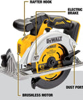 Slick Pro Grade Rugged Brushless Cordless Circular Saw 20V Max 6 1/2 Inch showing electric brake, rafter hook, and dust port.