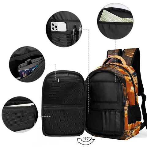 Fall Farmer Pumpkin Barn Printed Unisex Backpack with Large Capacity open view with pockets and compartments, breathable polyester