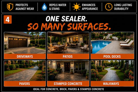 Pro Level Water Based Concrete Sealer With Semi Gloss Finish And Super Color Boost For Driveways Patios And Pavers. Various surfaces showcased.