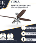 Civa Cool 48 Inch Contemporary Indoor LED Ceiling Fan With Light Pull Chain Dual Mounting Options Four Modern Style Blades Chrome