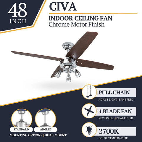 Civa Cool 48 Inch Contemporary Indoor LED Ceiling Fan With Light Pull Chain Dual Mounting Options Four Modern Style Blades Chrome