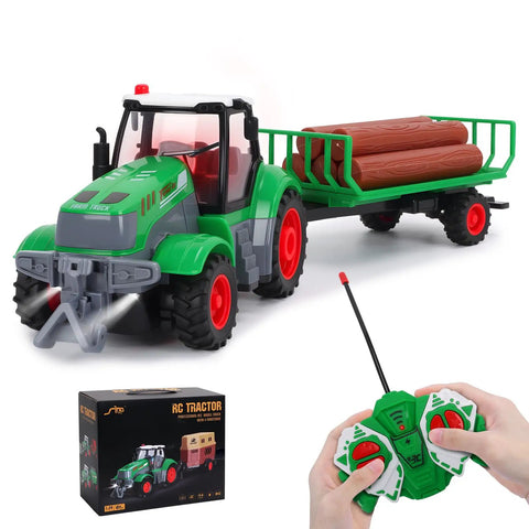 One Twenty Fourth Scale RC Farm Truck With Detachable Trailer And Wood Logs Realistic Lights Rechargeable Battery For Kids Aged 6 To 12
