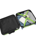 Open Minecraft Creeper 15 Inch Molded Hardside Carry On Luggage for Kids showing interior with clothes and cross straps.