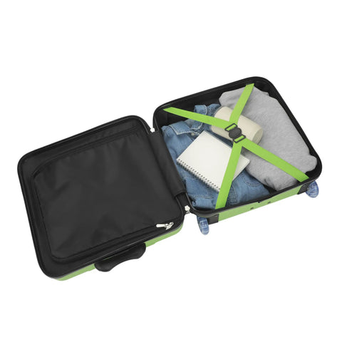 Open Minecraft Creeper 15 Inch Molded Hardside Carry On Luggage for Kids showing interior with clothes and cross straps.