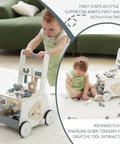 Dad Approved Solid Wood Toddler Walker Tool Table With Interactive Building Blocks Realistic Hammer Wrench Gear Station For Growing Hands And Brainy Play Light Gray with toddler playing.