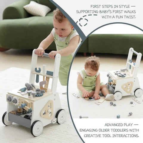 Dad Approved Solid Wood Toddler Walker Tool Table With Interactive Building Blocks Realistic Hammer Wrench Gear Station For Growing Hands And Brainy Play Light Gray with toddler playing.