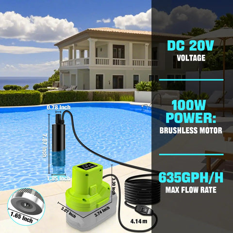Top Tier 635 Gph Submersible Sump Pump With Brushless Motor Engineered For Ryobi 18v Cordless Battery Setup next to pool.