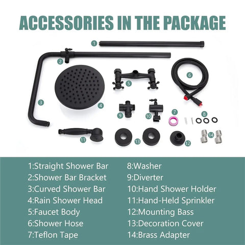 Accessories for Exposed Pipe Shower System With 8 Inch Rainfall Head, Brass Fixture, Matte Black Finish