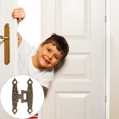 Antique Copper 65x34mm H Type Iron Hinges Pack Of 10 next to a white door with smiling child peeking