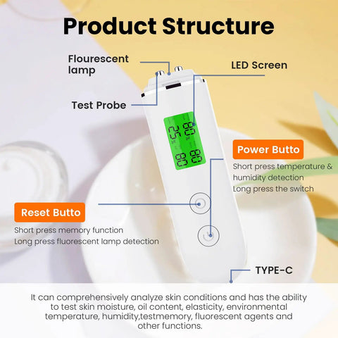 Digital Skin Hydration Tester And Oil Detector For Clear Skin, High Precision Moisture Analysis Meter, Portable Skin Analyzer With LCD Display And Fluorescent Agent Detection, Easy Read Hydration Monitor On The Go. White handheld 125x32x22mm with LCD screen and buttons