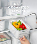 4 Pack Fridge Fruit Storage Containers with Removable Colanders, Airtight Food Saver, clear design in refrigerator