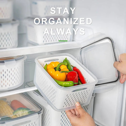 4 Pack Fridge Fruit Storage Containers with Removable Colanders, Airtight Food Saver, clear design in refrigerator
