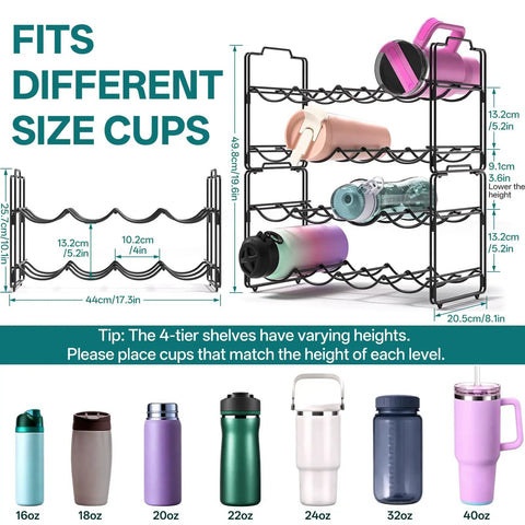 Stackable Metal Water Bottle Organizer 4 Tier Rack For 20 30 40 Oz Tumblers From Yeti And Stanley with size dimensions
