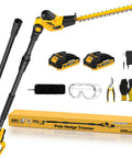 Beast Cordless 18 Inch 20V Pole Hedge Trimmer with 16 Foot Reach, swivel head, two 2Ah batteries, charger, and accessories