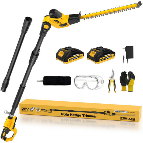 Beast Cordless 18 Inch 20V Pole Hedge Trimmer with 16 Foot Reach, swivel head, two 2Ah batteries, charger, and accessories