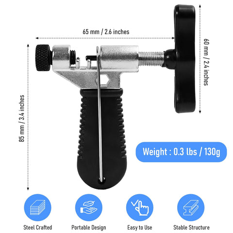 Bike Chain Repair Tool Set With Chain Breaker Splitter, ergonomic handle, hardened steel, 130g shown with dimensions