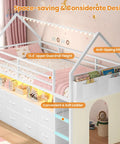 Twin Size Loft Bed With LED Lights And 8 PU Fabric Storage Drawers, house shaped metal bed with open bookcase and curtain